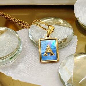 Initial Letter Dainty Charm, A, 18K GP Blue Reflections Rectangle Necklace